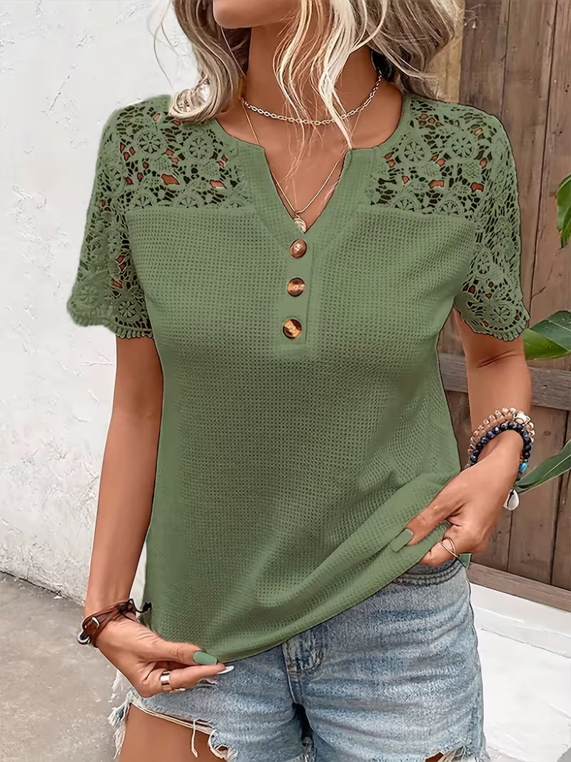 Sinna | Lace Yoke Short Sleeve Henley Top