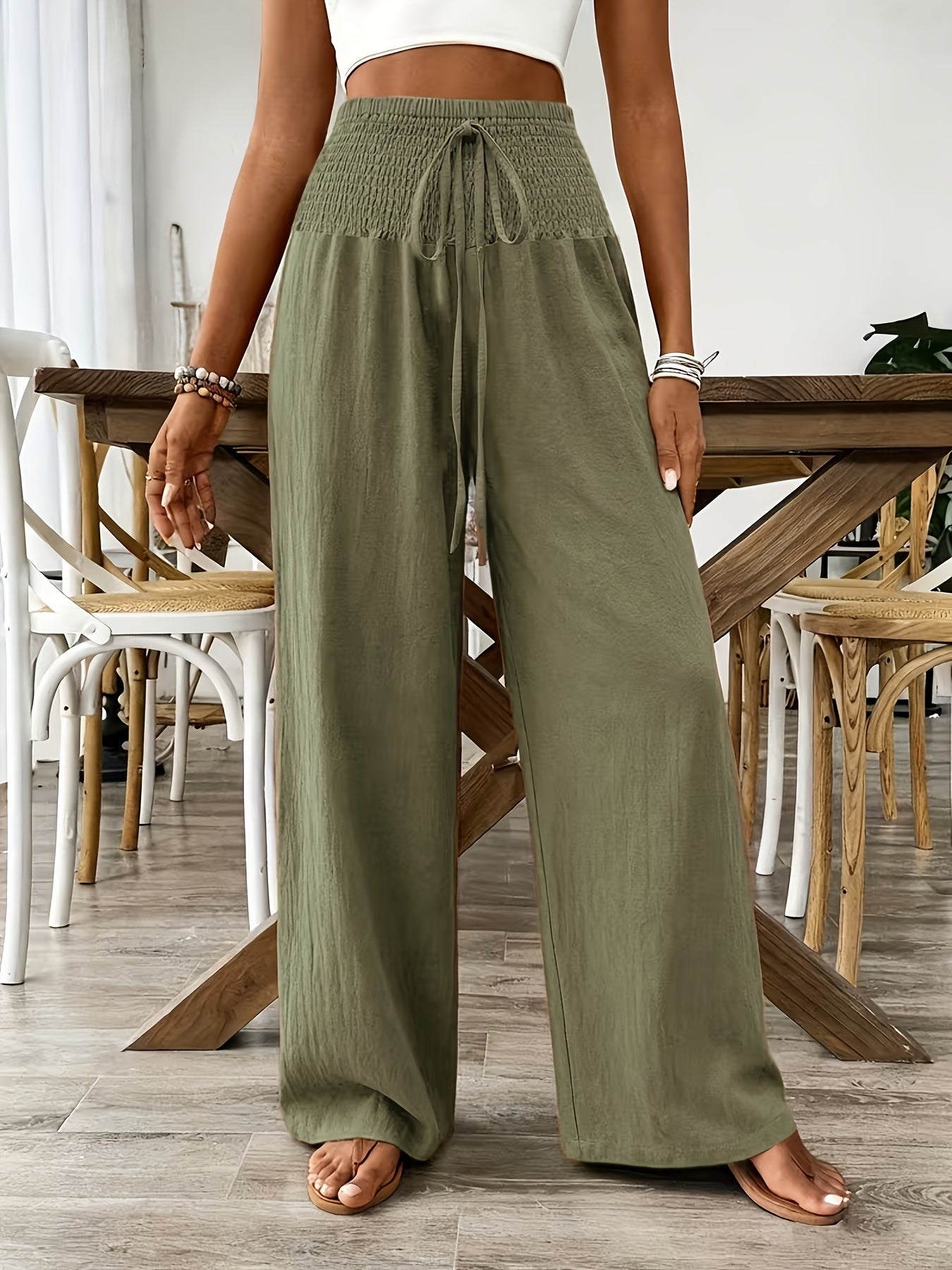 Rebeki | Pants High-Waisted Wide Leg Drawstring Smocked Waist