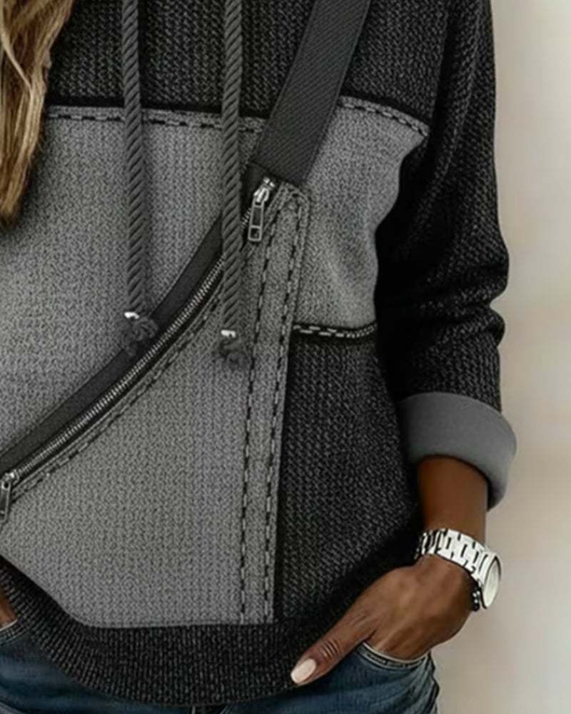 Eija | Hooded Color Block Knit Pullover Top