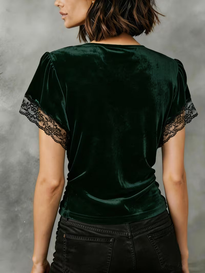 Jalisa | Velvet-Look Lace Trim Wrap Top