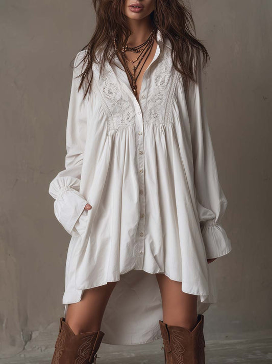Amparo - White Embroidered Long Sleeve Shirt Dress