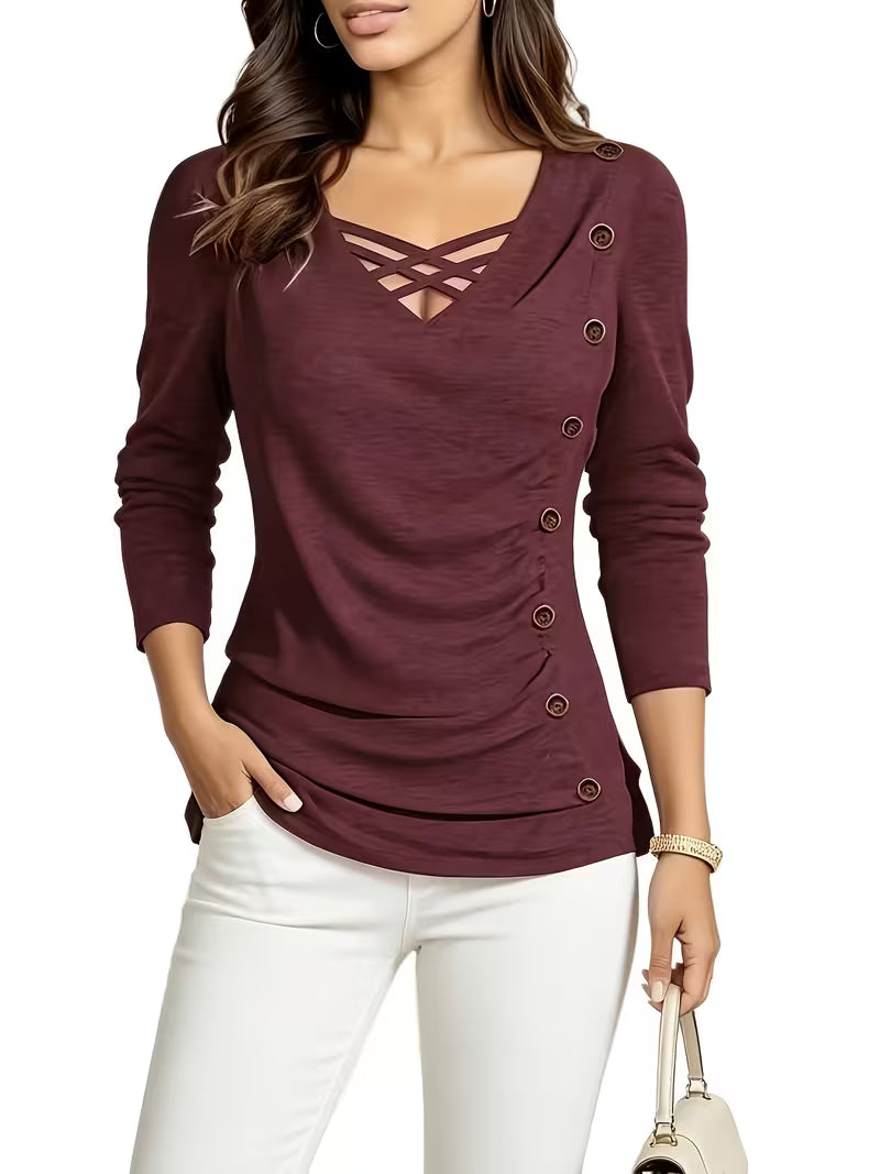 Keziana | Top V-Neck Crisscross Long Sleeve Button