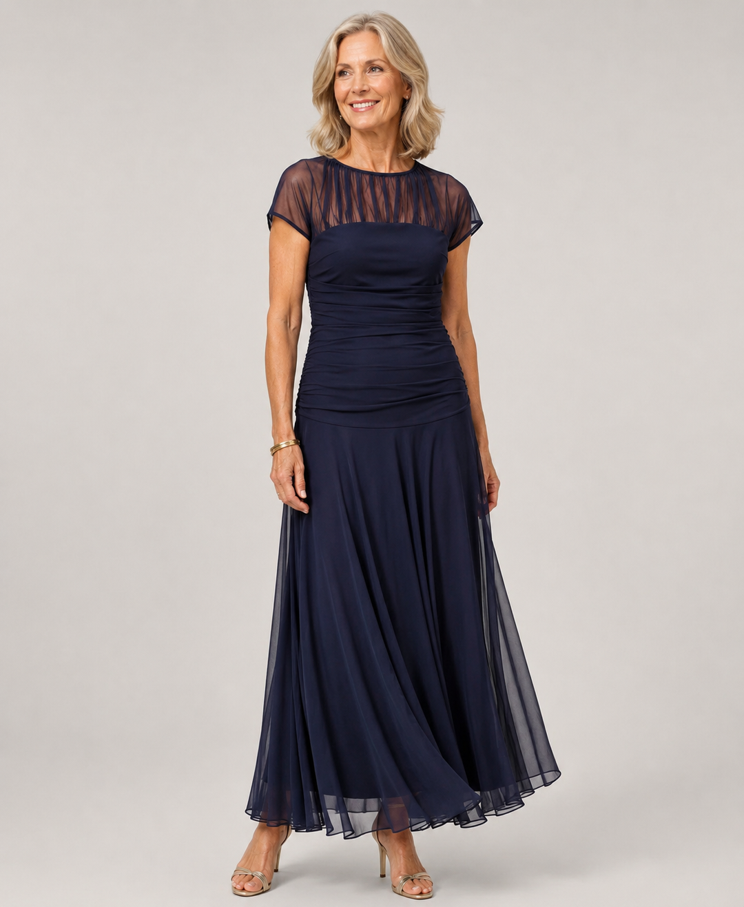 Lesliy | Short Sleeve Mesh Yoke Maxi Dress