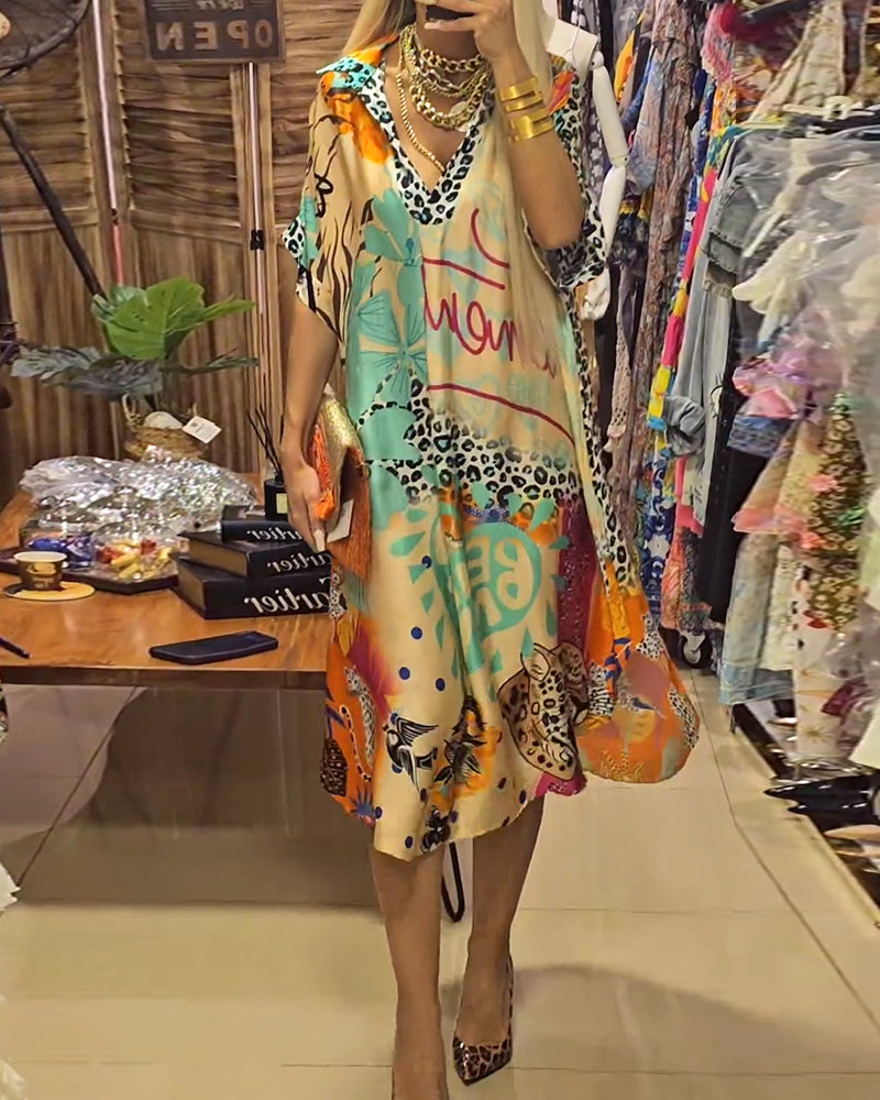 Marianna | Dress Multicolor V Neck Printed Kaftan