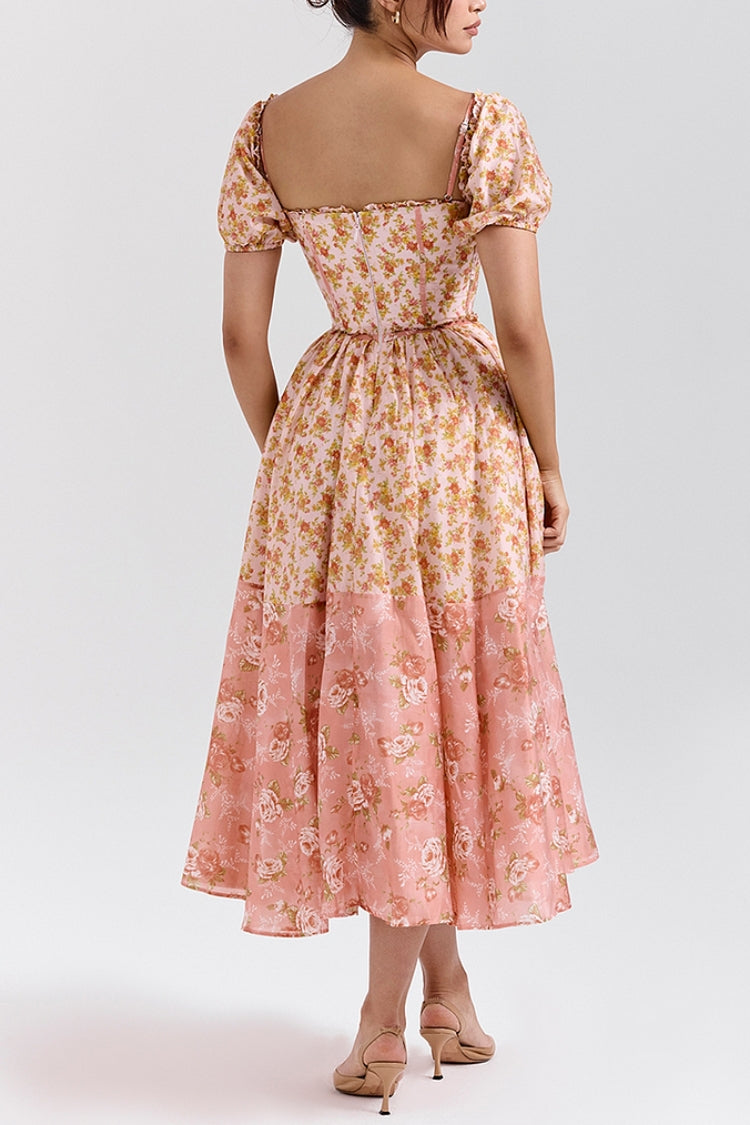 Mellie | Floral Puff Sleeve Sweetheart Midi Dress