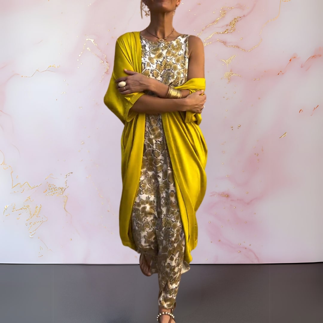 Shelly - Sleeveless Printed Maxi Dress Cardigan Set