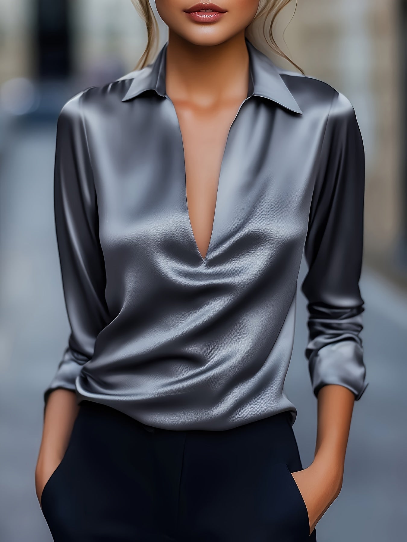 Kyrra – Long Sleeve Satin V Neck Blouse