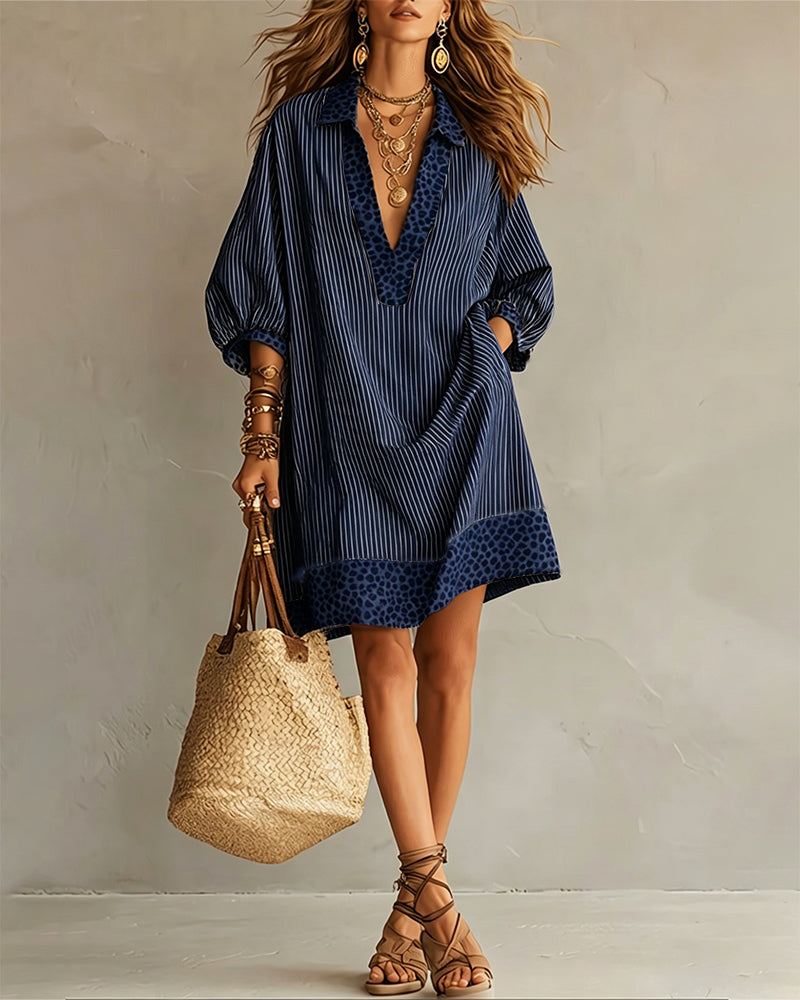 Marget | Mini Dress Striped Leopard Panel Puff Sleeves