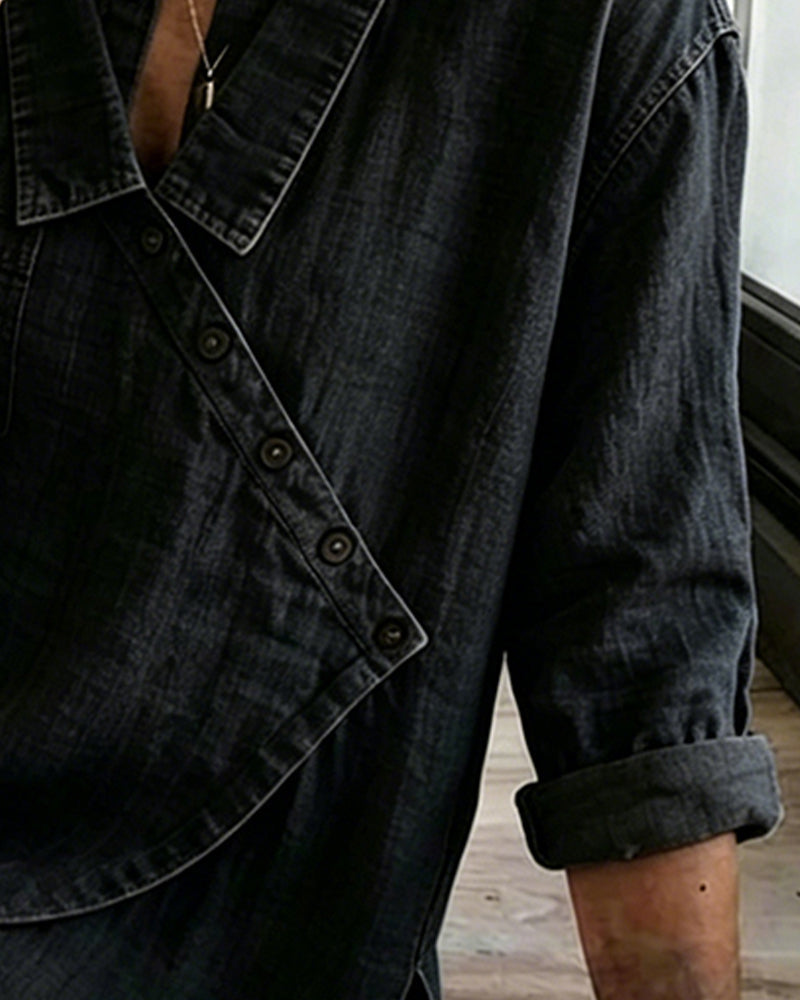 Olizia | Denim-Style Wrap V-Neck Long Sleeve Blouse