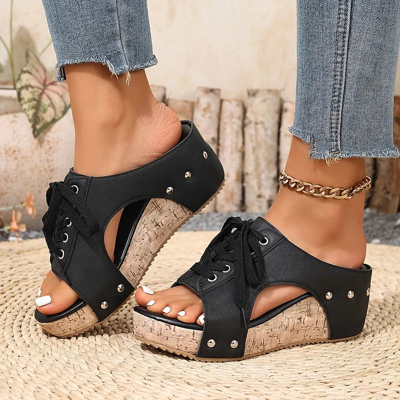 Nadiu | Wedge Slide Sandals with Lace Front