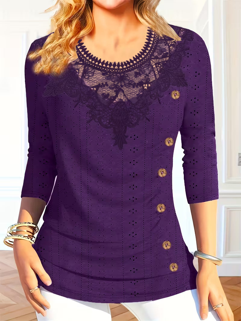 Svevelle | Lace Yoke Button Detail Top