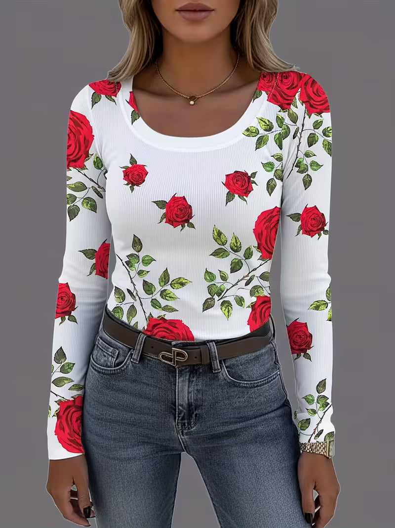 Rabiye | Long Sleeve Floral Print Ribbed Top