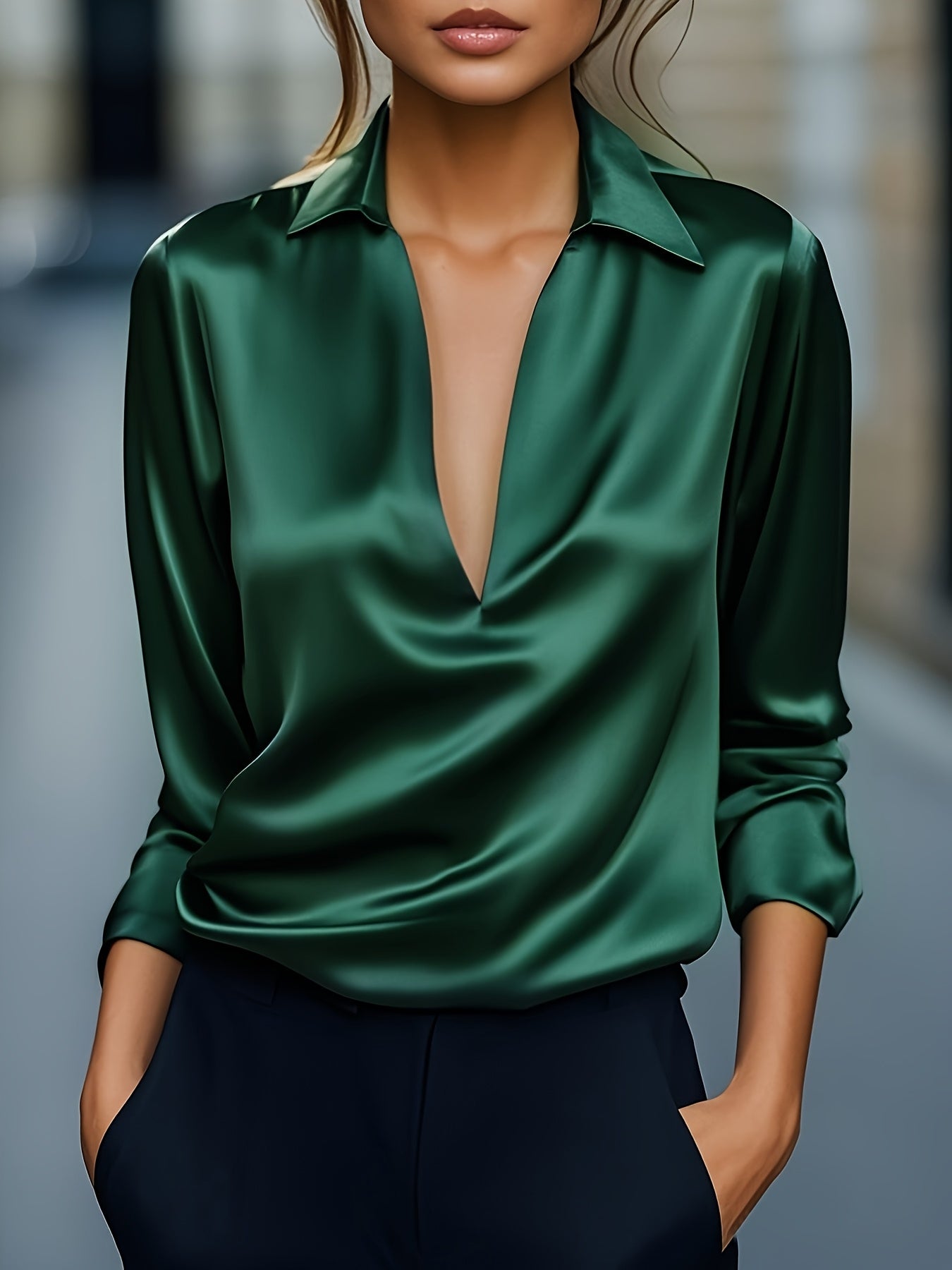 Kyrra – Long Sleeve Satin V Neck Blouse