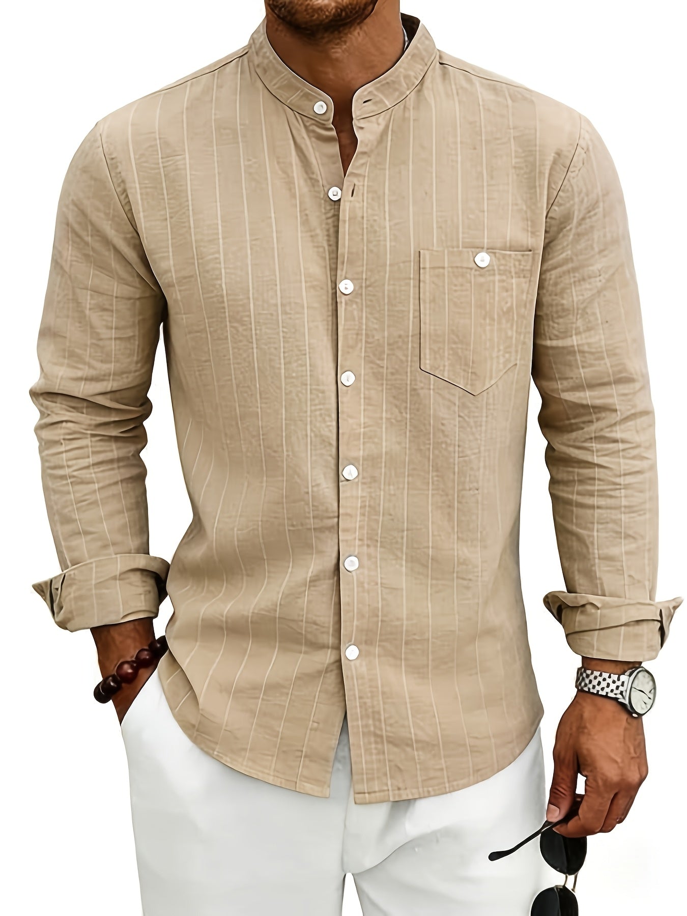 Leslie | Long Sleeve Striped Band Collar Shirt