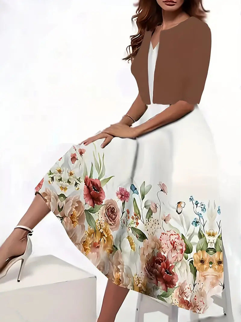 Ankie | Floral Print Midi Dress with Cropped Jacket
