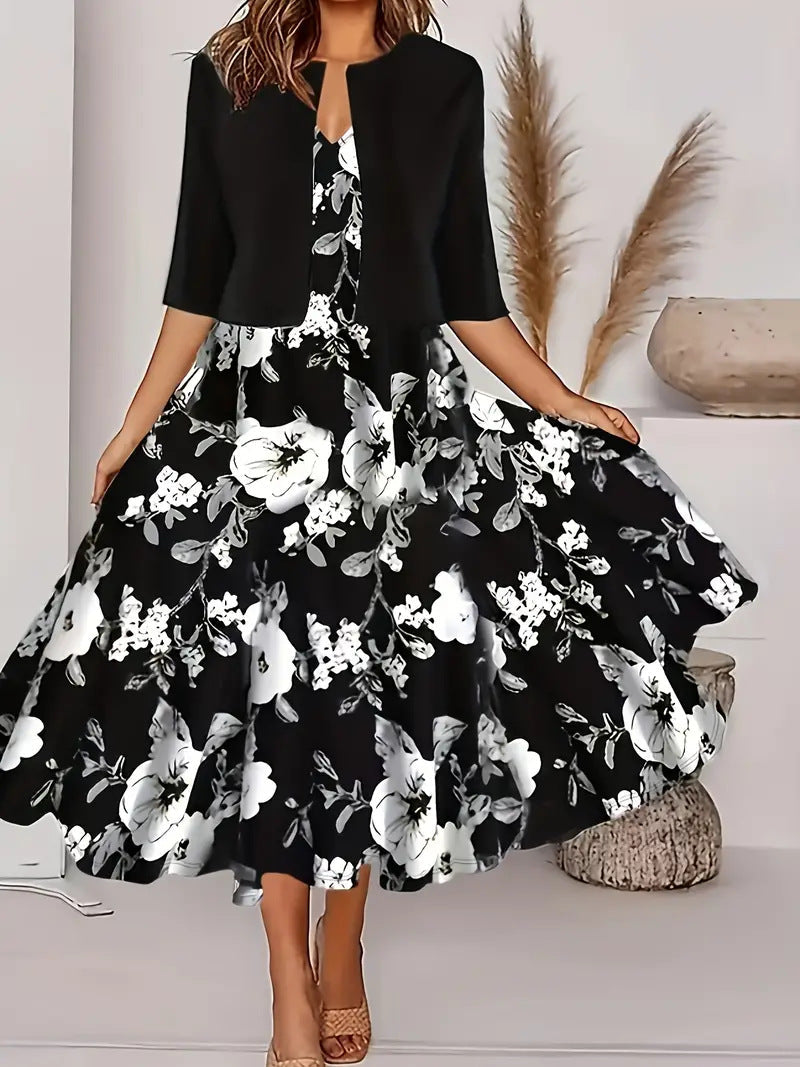 Ankie | Floral Print Midi Dress with Cropped Jacket