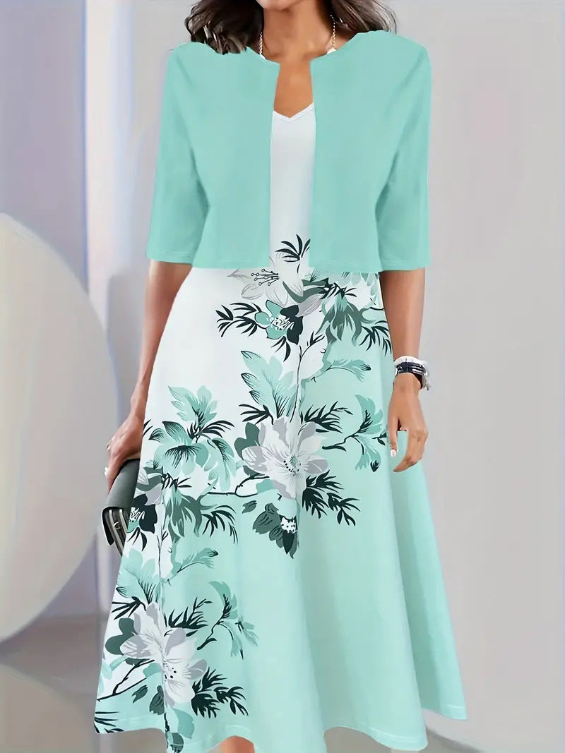 Ankie | Floral Print Midi Dress with Cropped Jacket