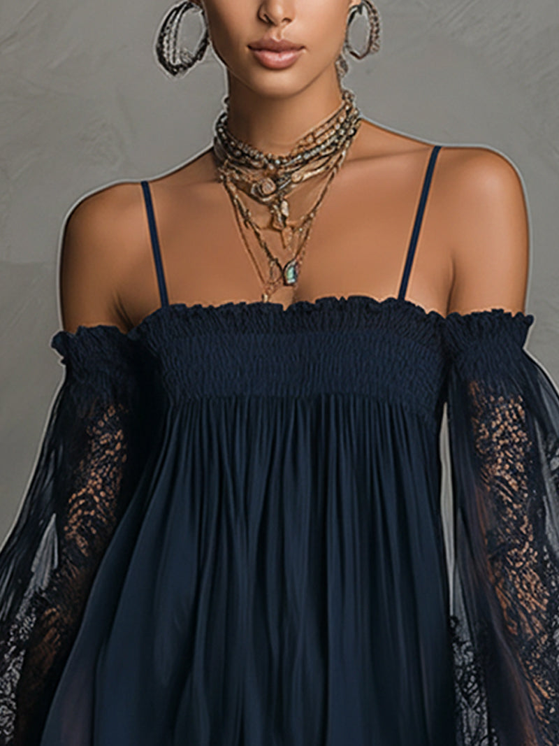 Charity - Off Shoulder Lace Sleeve Navy Mini Dress