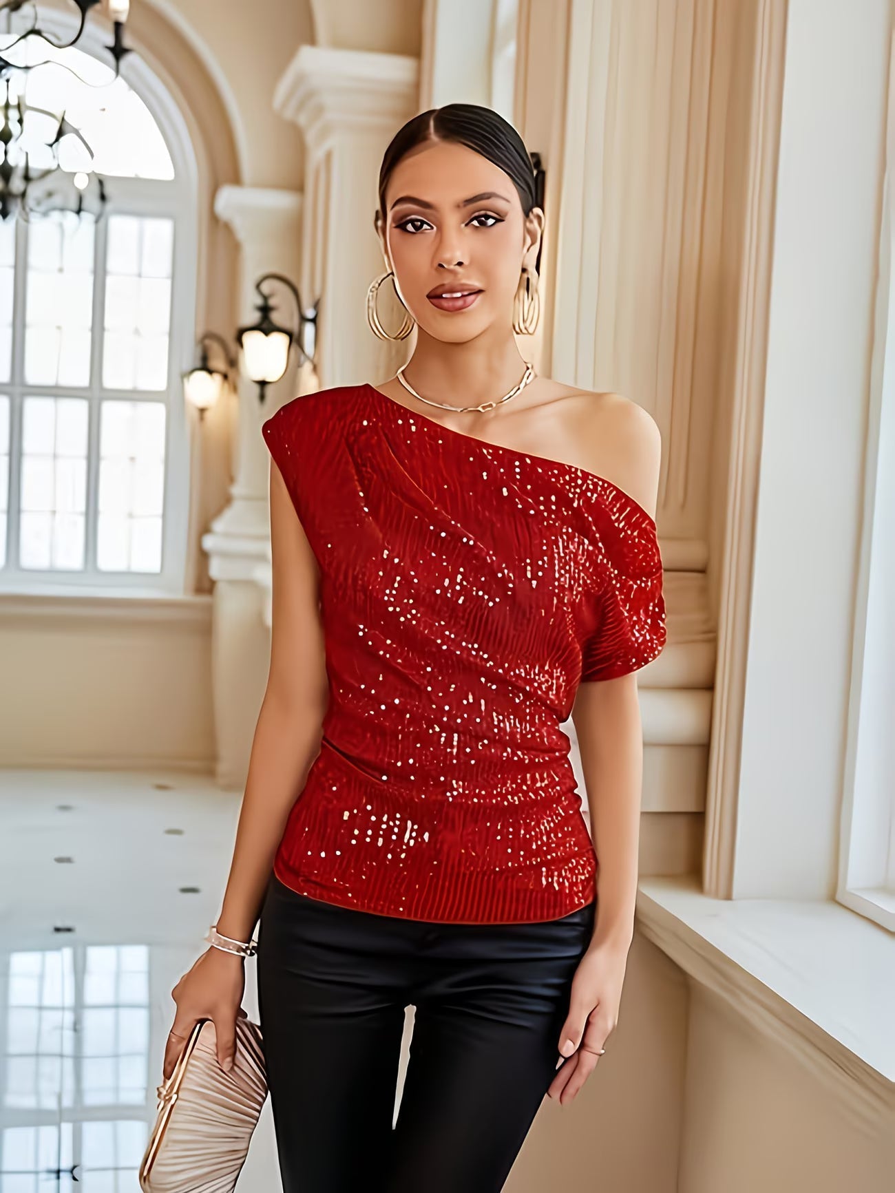 Jhasel | Sequin One Shoulder Short Sleeve Blouse