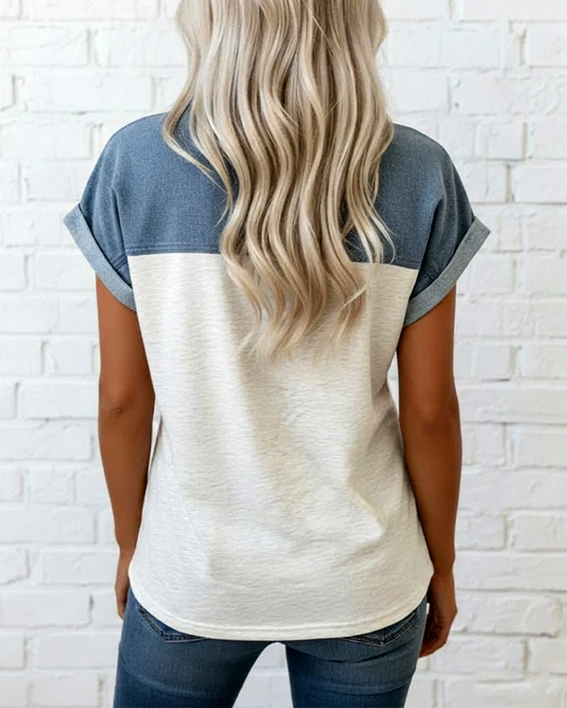 Myleena - Patchwork Polo Neck Short Sleeve Top
