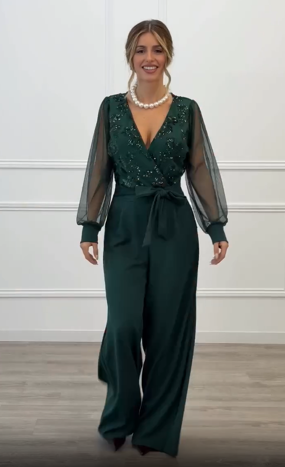 Meira - Embellished Mesh Sleeve Wide Leg Jumpsuit