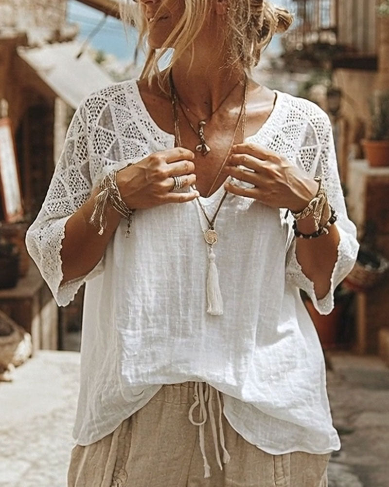 Essien - V Neck Lace Sleeve Loose Fit Blouse
