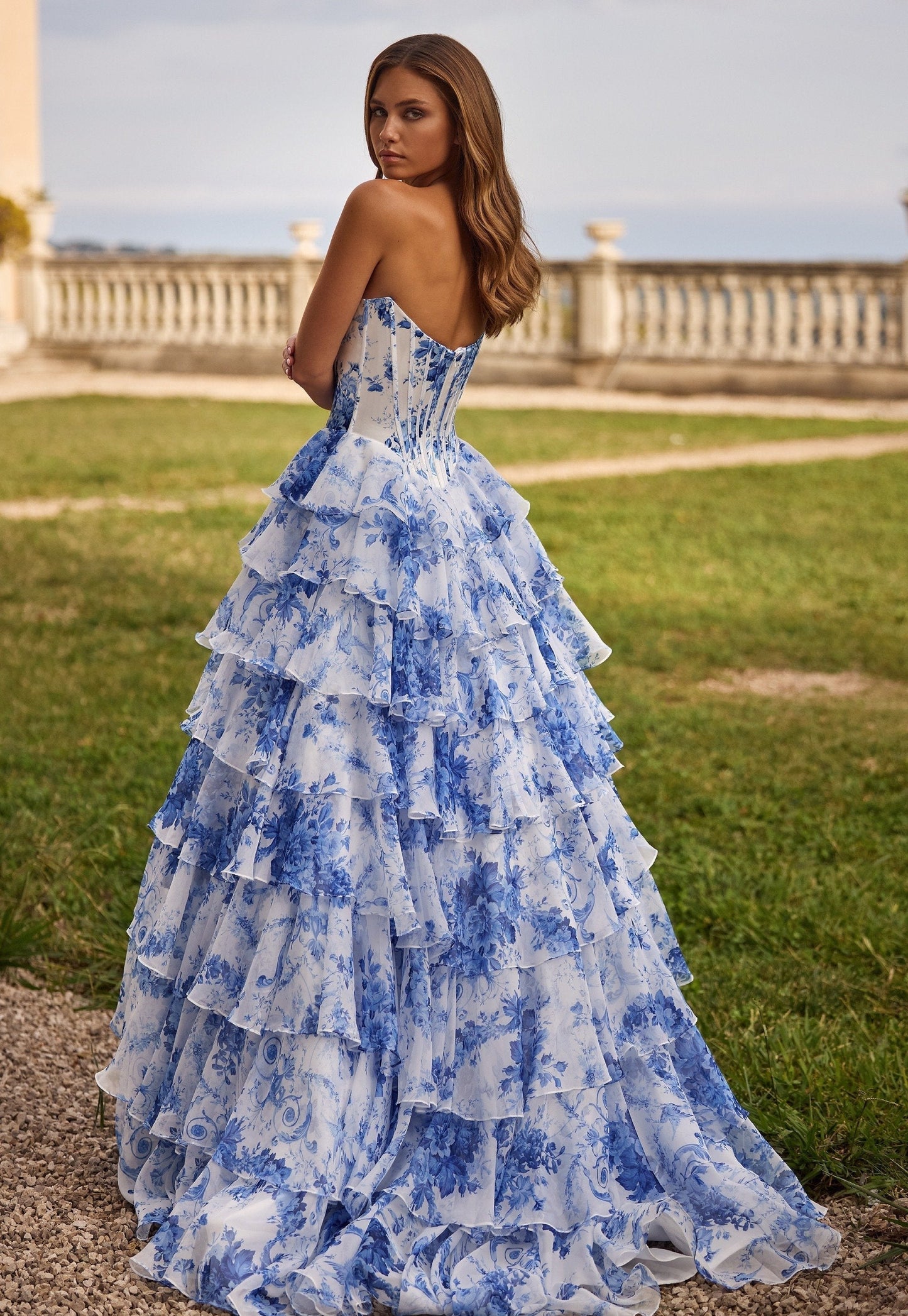 Miolina | Evening Dress Strapless Floral Tiered Ruffle