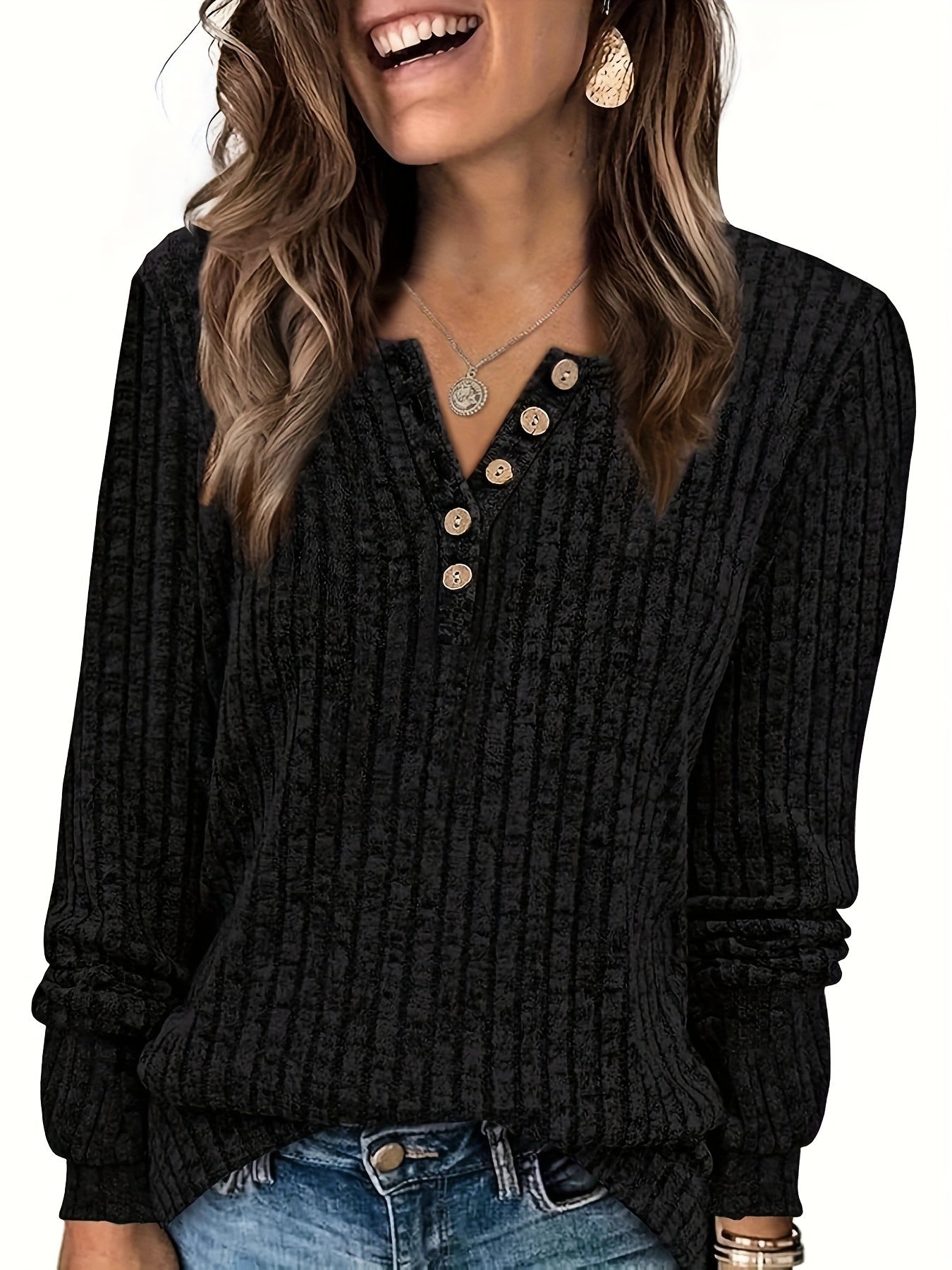 Roweelle | Ribbed Long Sleeve Button Henley Top
