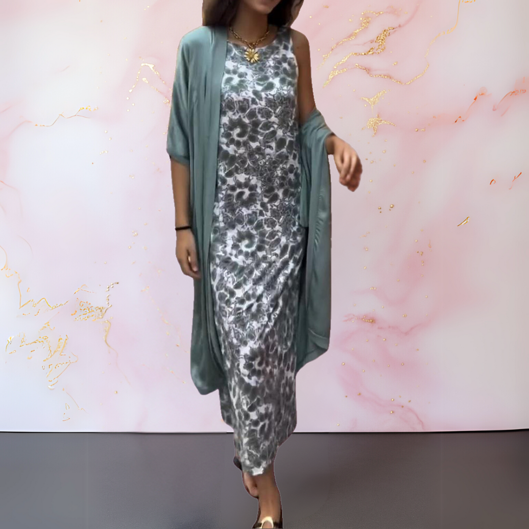 Shelly - Sleeveless Printed Maxi Dress Cardigan Set