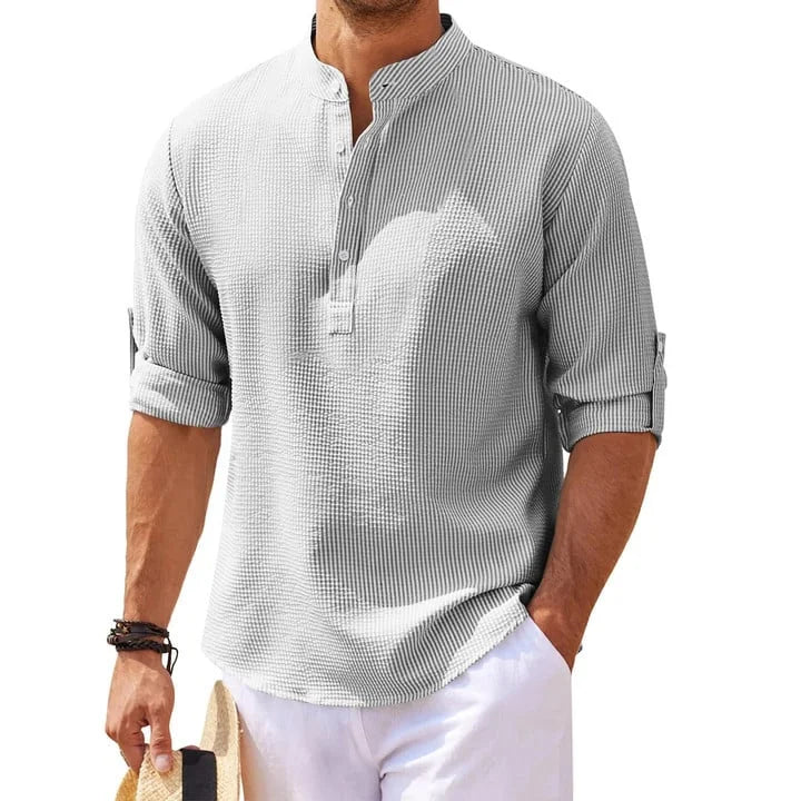 Tjeerd | Textured Henley Stand Collar Shirt
