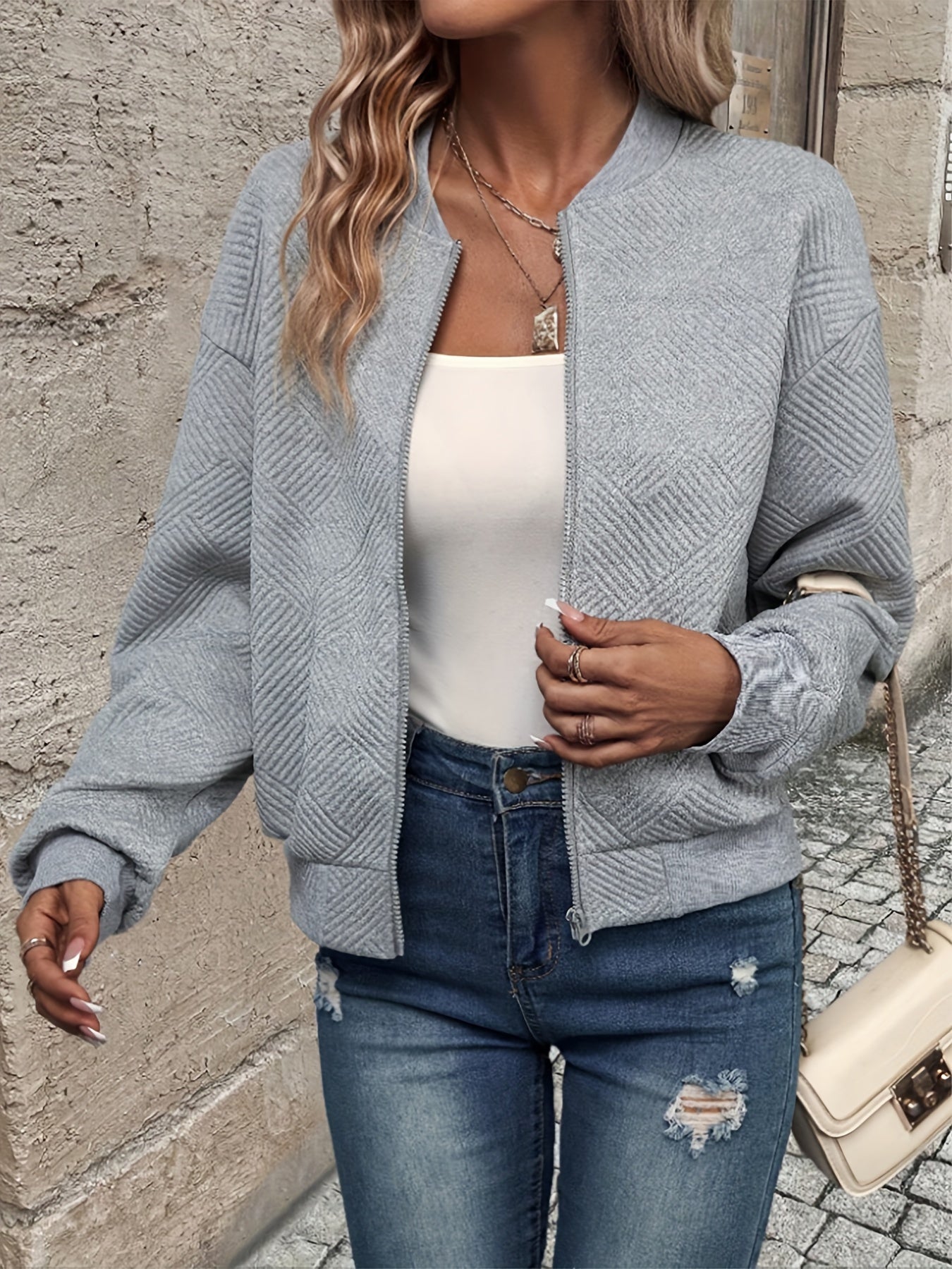 Jemma | Textured Long Sleeve Zip-Up Jacket