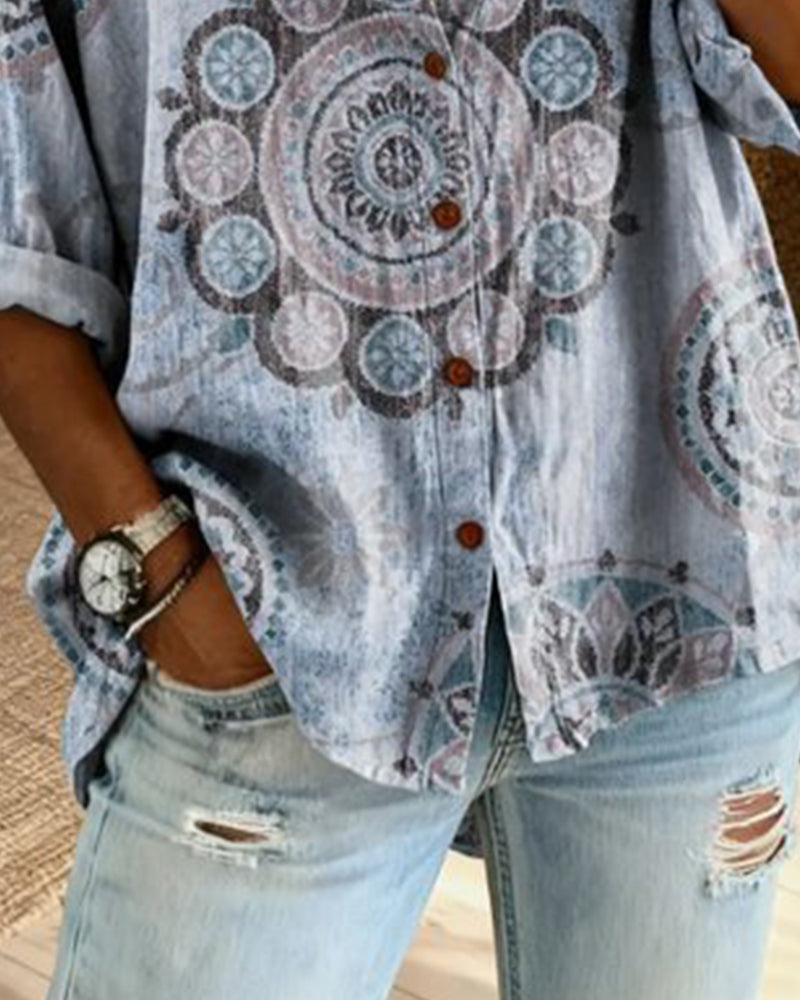 Nirita - Mandala Print Button Front Long Sleeve Shirt