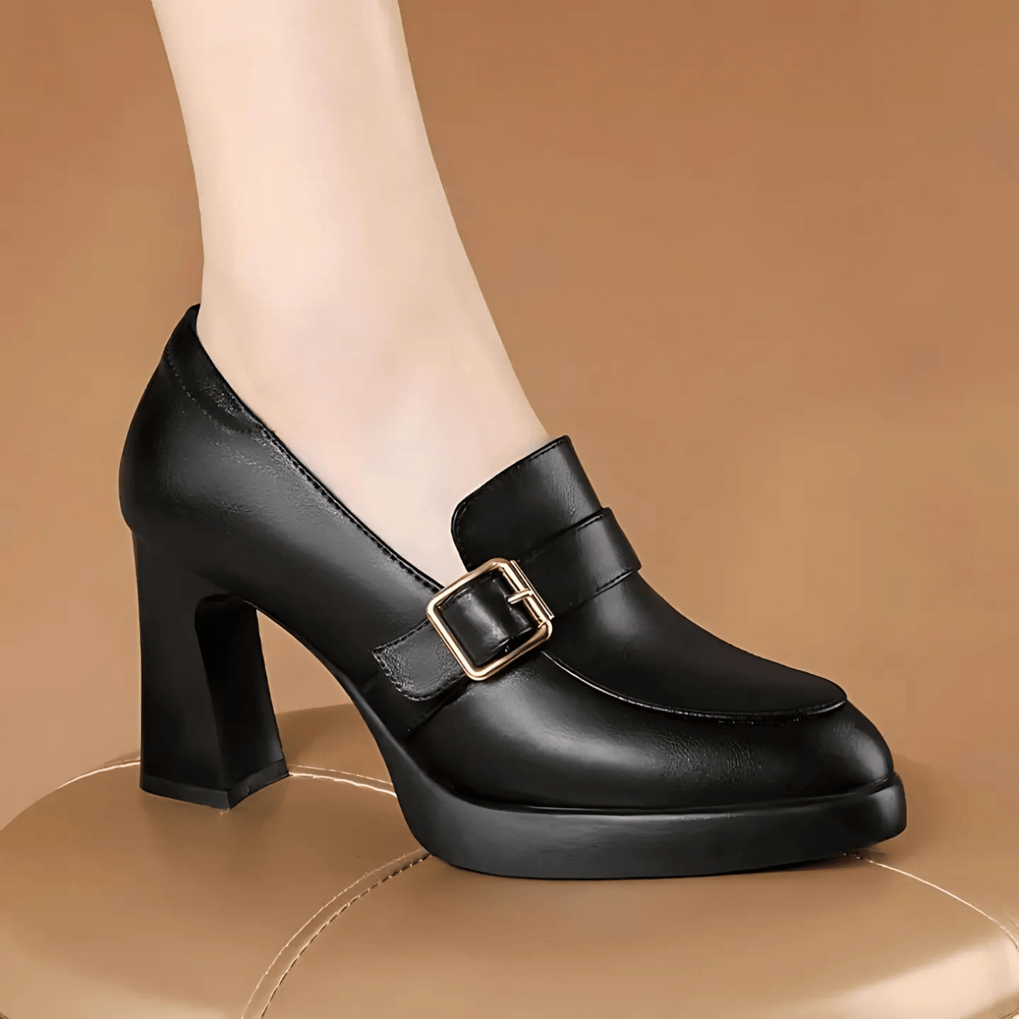 Lueena | Block Heel Round Toe Buckle Pumps