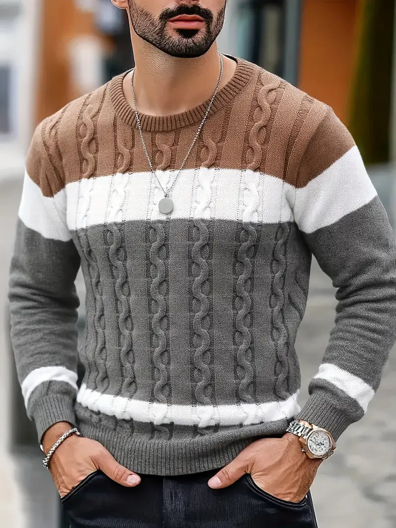 Watkins | Color Block Cable Knit Crewneck Sweater