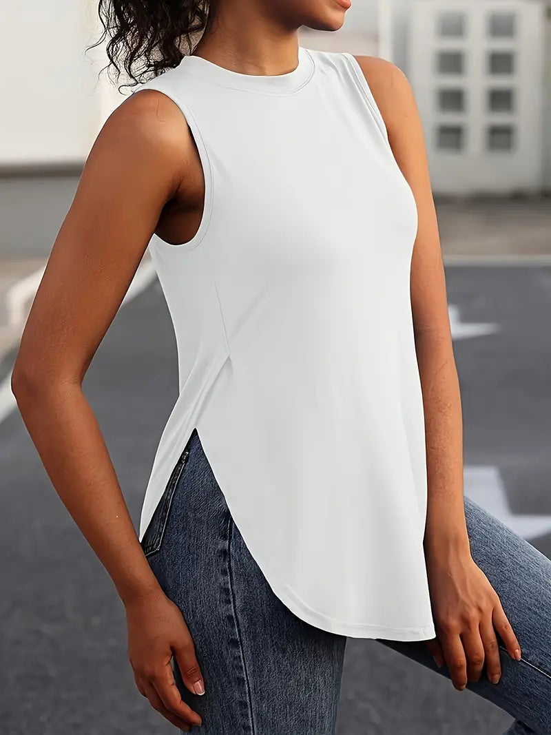 Desirae | Solid Sleeveless Crew Neck Tunic Top