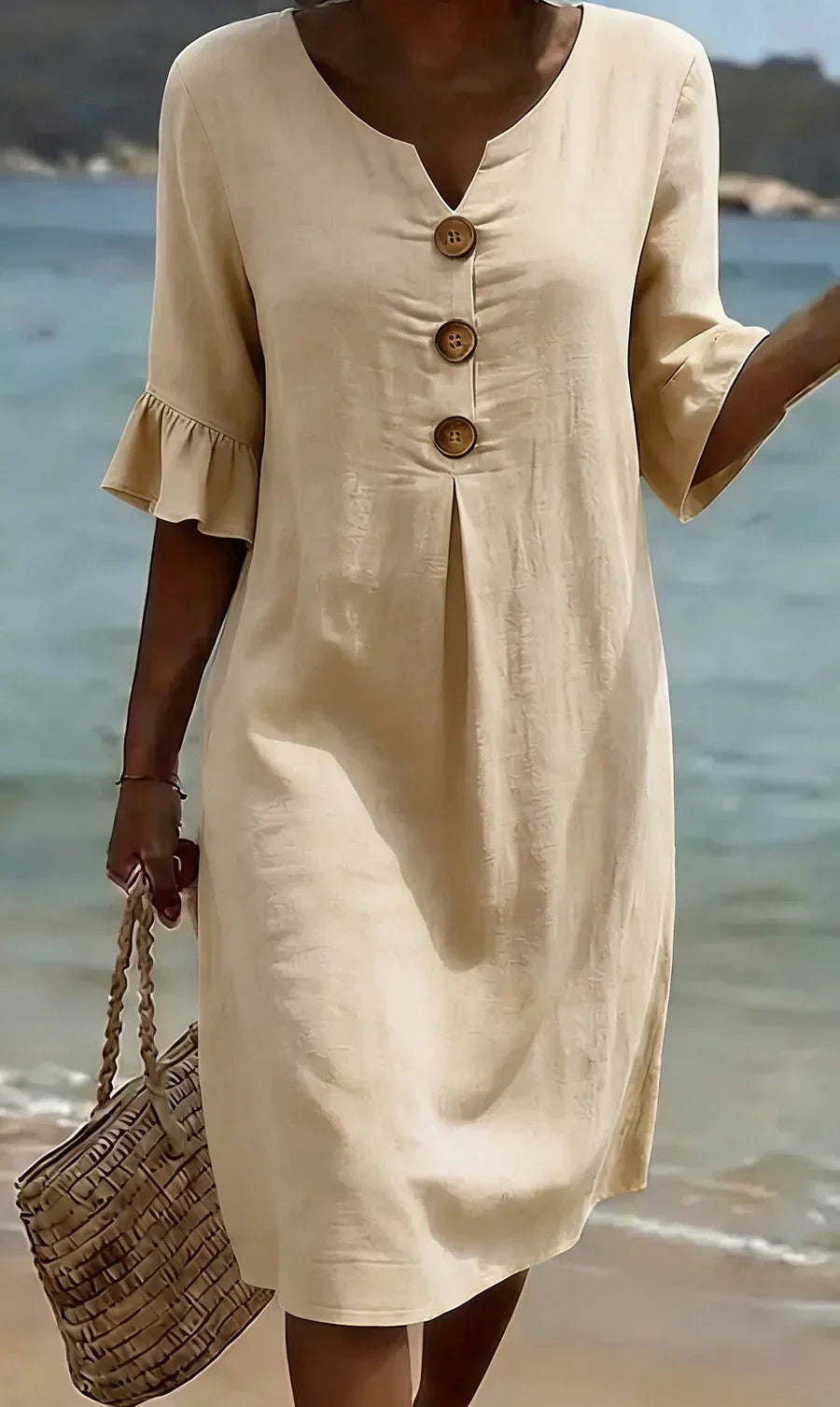 Mlaina - Button Front Ruffle Sleeve Midi Dress