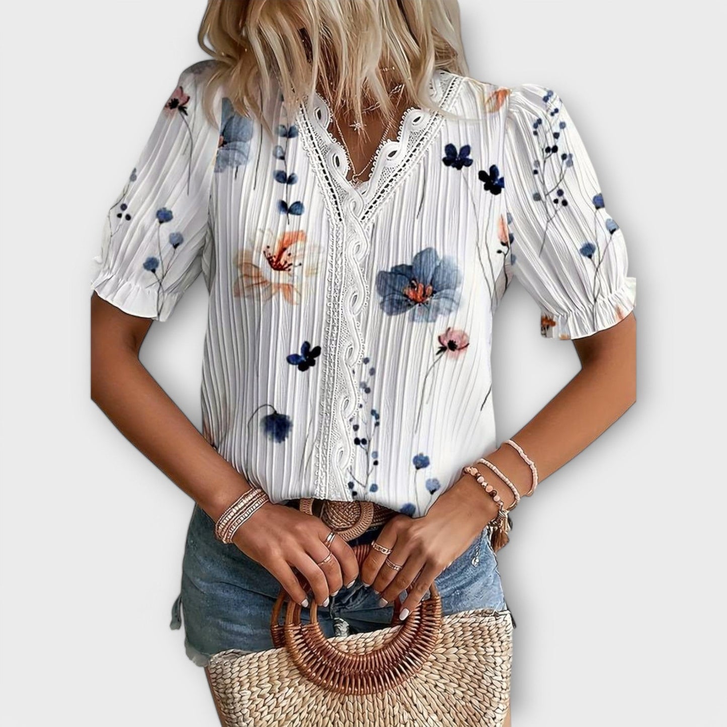 Bruni | Floral Print V Neck Lace Blouse