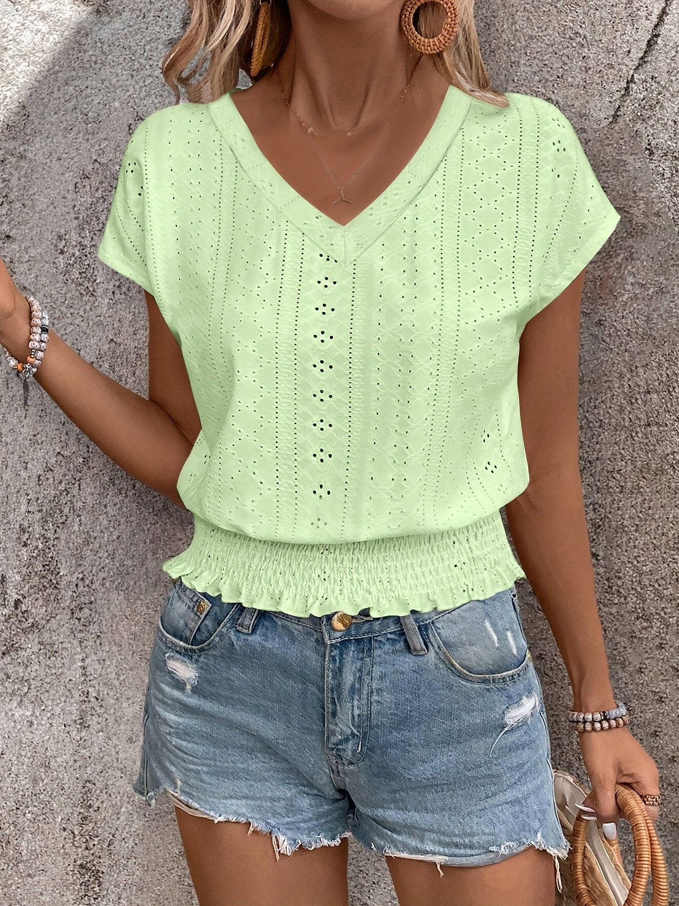Delores - V Neck Batwing Eyelet Hem Top