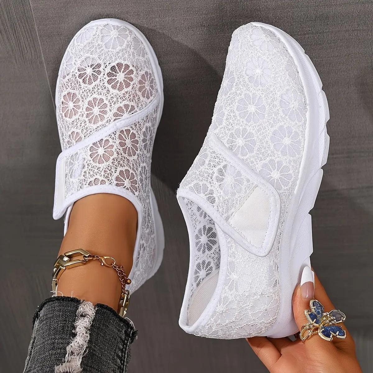 Tonjaa | Lace Floral Slip-On Walking Sneakers