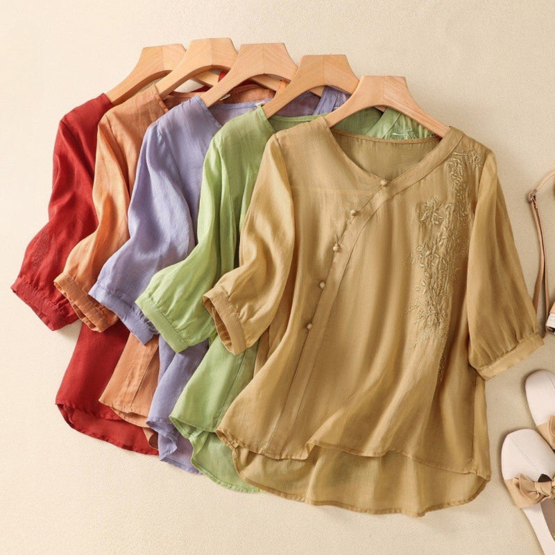 Loreen - Asymmetrical Button 3/4 Sleeve Tunic Blouse