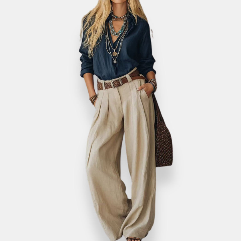 Orable | Shirt Pant Set Wide Leg Pleated