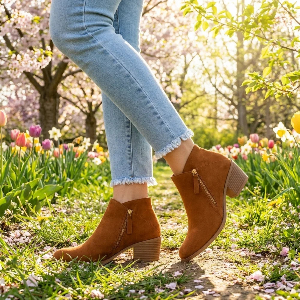 Krista | Boots Ankle Side Zip Block Heel Suede-Style