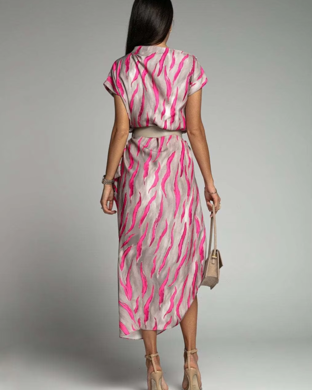 Angie - Asymmetric Printed Midi Dress Belted