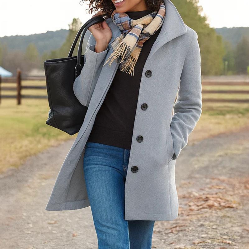 Quendra | Long Sleeve Button Front Mid-Length Coat