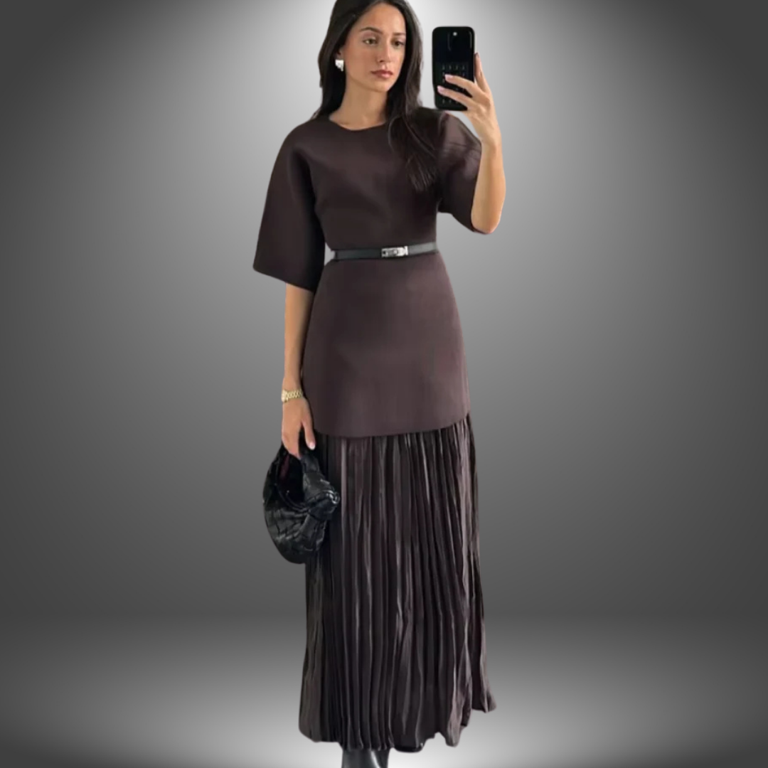 Valentina | Pleated Midi Dress Belted Long Sleeve