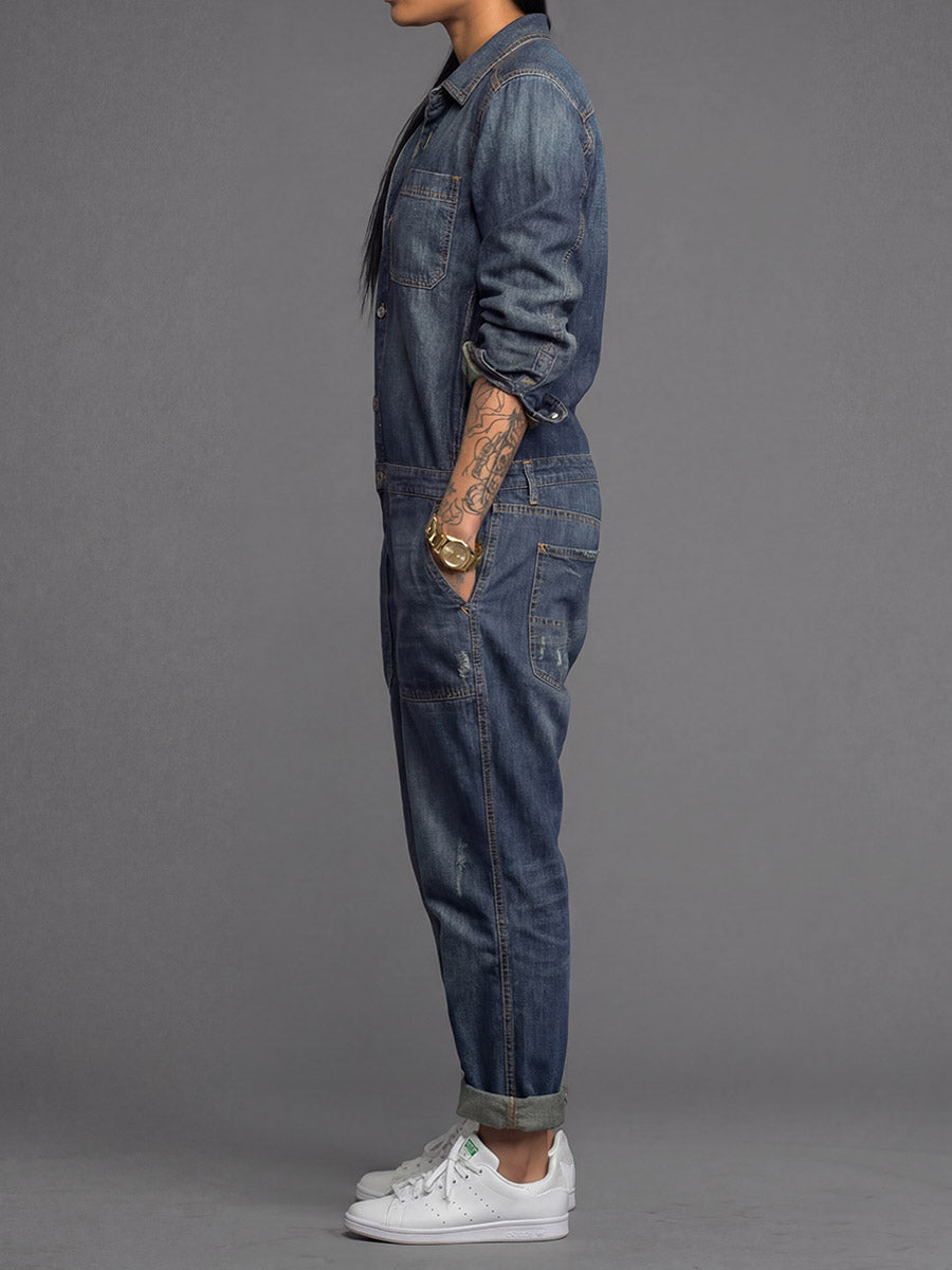Ravina - Button Front Long Sleeve Utility Jumpsuit