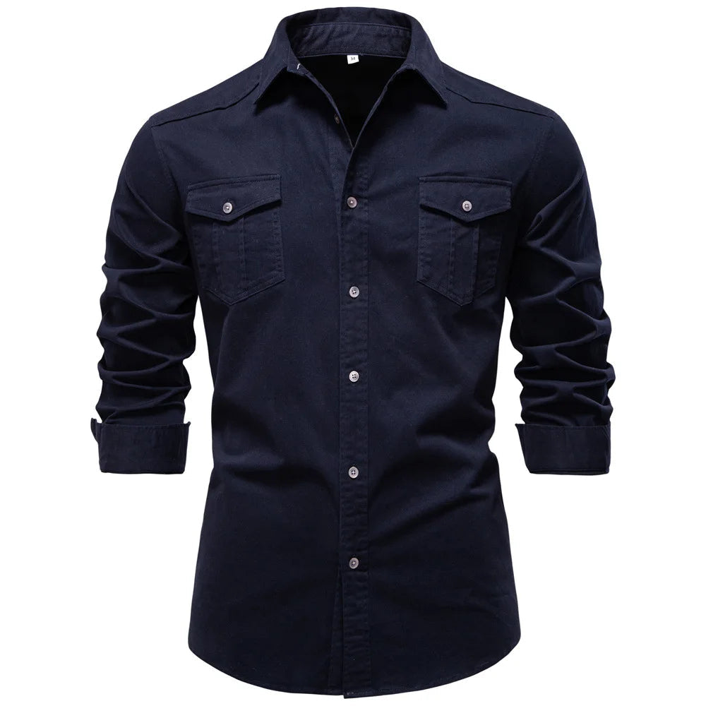Norbwaldmir | Long Sleeve Cotton Shirt in Navy Blue