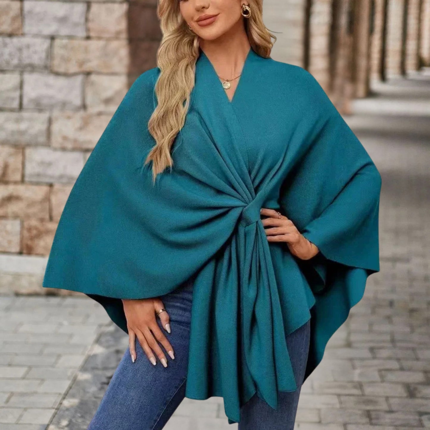 Helin | V-Neck Knotted Front Wrap Poncho