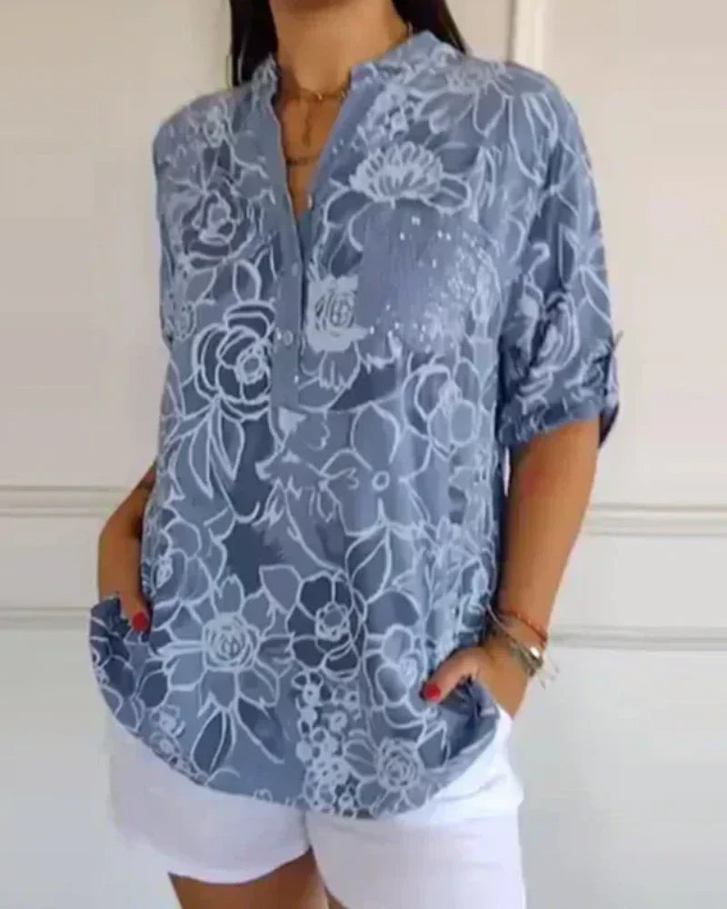 Narese | Blouse Floral Print V-Neck Roll Sleeve