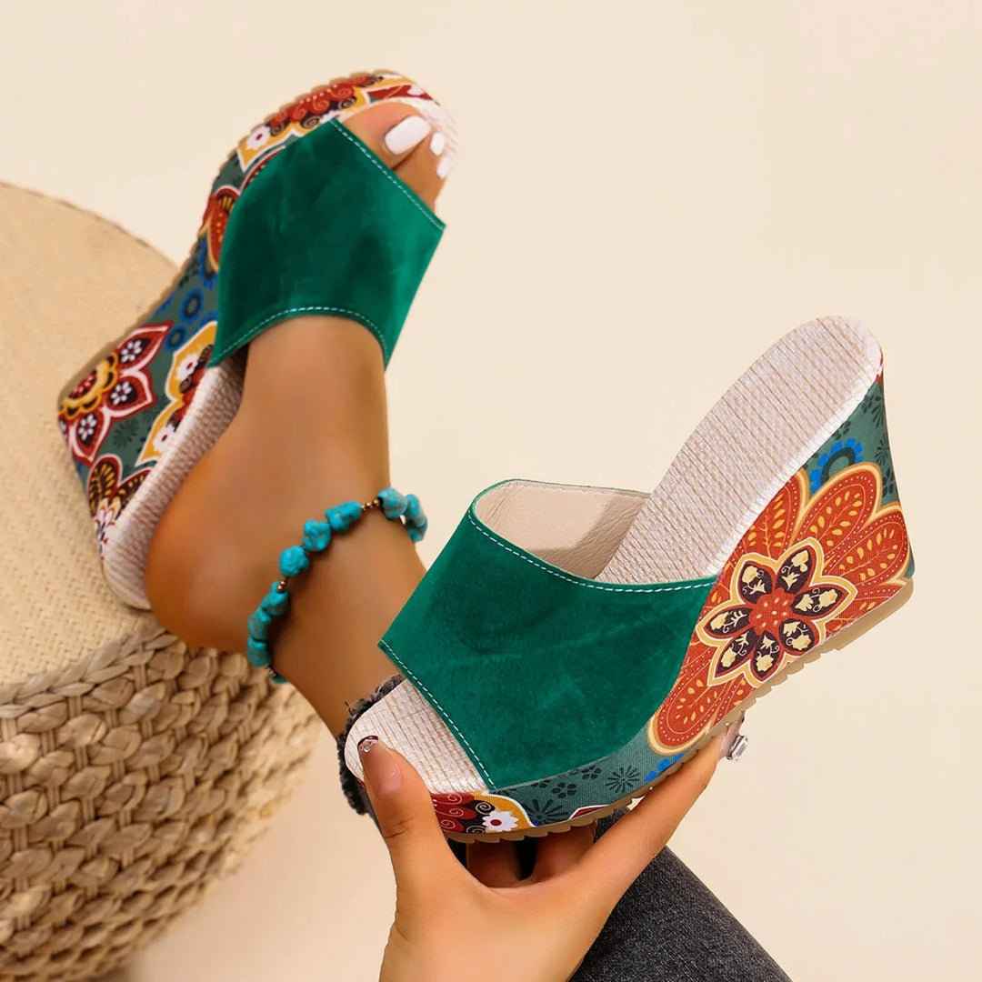 Laerke - Floral Print Platform Wedge Slide Sandals